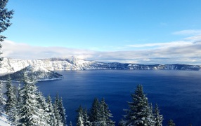 Заснеженные горы и ели на берегу озера зимой