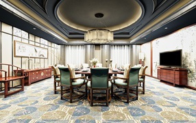 Большая гостиная комната со столом и большой люстрой