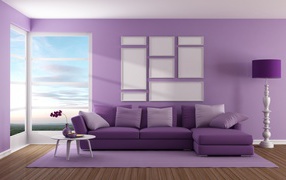 Гостиная комната с диваном у окна в фиолетовом цвете 