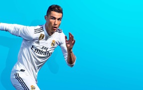 Portuguese footballer Cristiano Ronaldo photo on a blue background