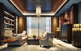 Стильная гостиная с деревянной отделкой