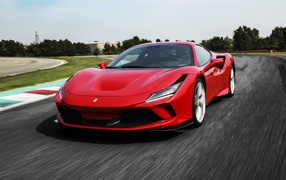 Red fast car Ferrari F8 Tributo 2019 on the highway
