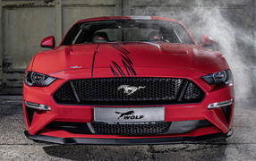 Красный быстры автомобиль Ford Mustang One Of 7, 2019 года в гараже