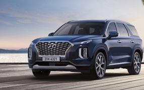 Синий автомобиль Hyundai Palisade 2020 года на мосту