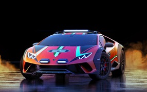 Гоночный автомобиль Lamborghini Huracan,  2019 года на мокром асфальте