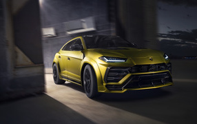 Желтый автомобиль  Lamborghini Urus Esteso 2019 года выезжает из гаража