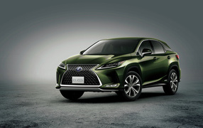 Green car Lexus RX 450h 2019 on a gray background