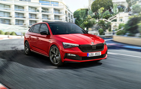 Red car Skoda Scala Monte Carlo 2019 on the road