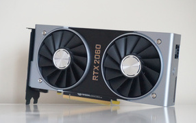 Новая видеокарта Nvidia GeForce RTX 2060 на сером фоне, CES 2019