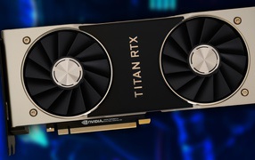 New Nvidia Titan RTX graphics card on a blue background close-up