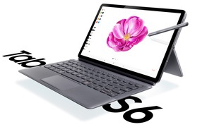 Планшет Samsung Galaxy Tab S6 на белом фоне с клавиатурой