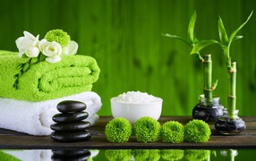 Черные камни, полотенца, соль и цветы у воды для SPA