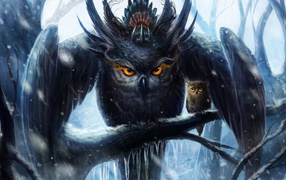 Нарисованная сова мать с птенцом на ветке