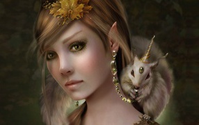 Beautiful fantastic girl with an animal on her shoulder