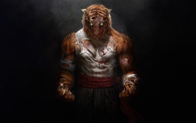Fantastic tiger warrior on a gray background.