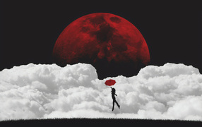 Silhouette of a girl with an umbrella on a background of a bloody moon