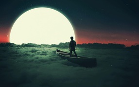 The boy floats in a boat on the clouds to the moon