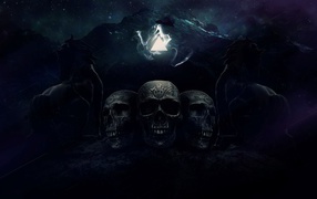 Три черепа на фоне гор с лошадьми, фэнтези