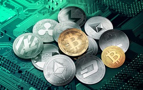 Монеты криптовалют лежат на компьютерной плате