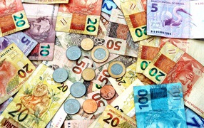 Lots of currency Brazilian real close up