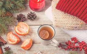 A mug of hot tea on a table with a lit candle, tangerines and a fir branch