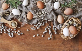 Куриные и перепелиные яйца на столе в ветками вербы