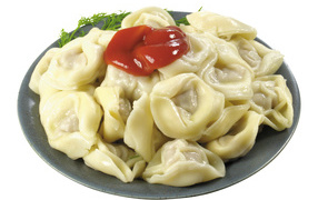 Dumplings in a plate with ketchup on white background