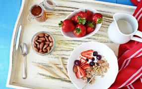 Flakes with berries and nuts on a tray with honey, milk and strawberries