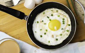 Fried eggs on pan with green onions
