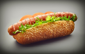 Hotdog with sausage grill and lettuce on a gray background