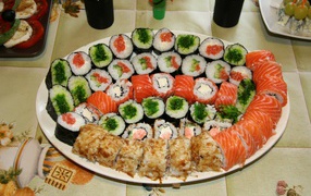 Many kinds of sushi on a large plate on the table