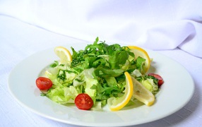 Salad with arugula, lemon and tomatoes on a white plate