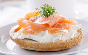 Бутерброд с сыром и красной рыбой на белой тарелке