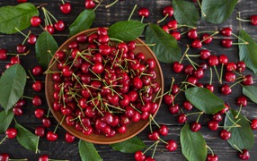 Много спелой красной черешне в миске на столе