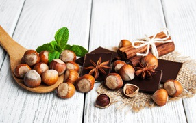 Hazelnuts on a table with cinnamon, star anise and cinnamon