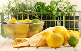 Сочные лимоны в корзине на столе с зеленью 