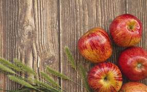 Red apples on wooden background with green spikelets