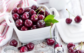 Red ripe cherries in a white plate on the table