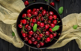 Ripe red cherries in a bowl on the table