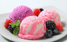 Шарики фруктового мороженого на белой тарелке с ягодами
