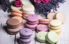 Разноцветный десерт макарон на столе с лавандой и розами