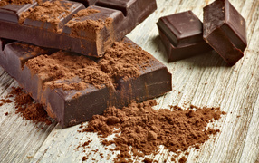 Куски шоколада с какао на деревянном столе 