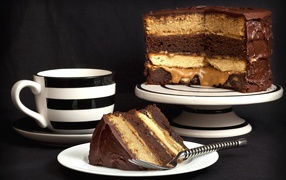 Бисквитный торт на столе с чашкой 