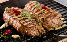 Appetizing juicy pieces of grilled meat with spices
