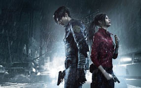Персонажи компьютерной игры Resident Evil 2, 2019 года под дождем