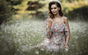 Красивая девушка в сарафане сидит на поляне с ромашками 