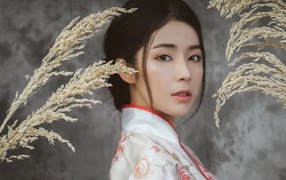 Девушка азиатка в кимоно на фоне с колосьями