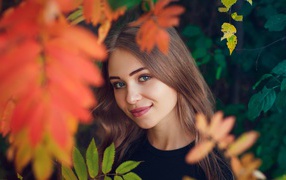 Beautiful blue-eyed brown-haired woman in the foliage