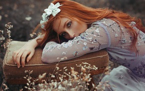 Beautiful red-haired girl lies on a chair