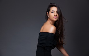 Нежная длинноволосая девушка в черном платье на сером фоне